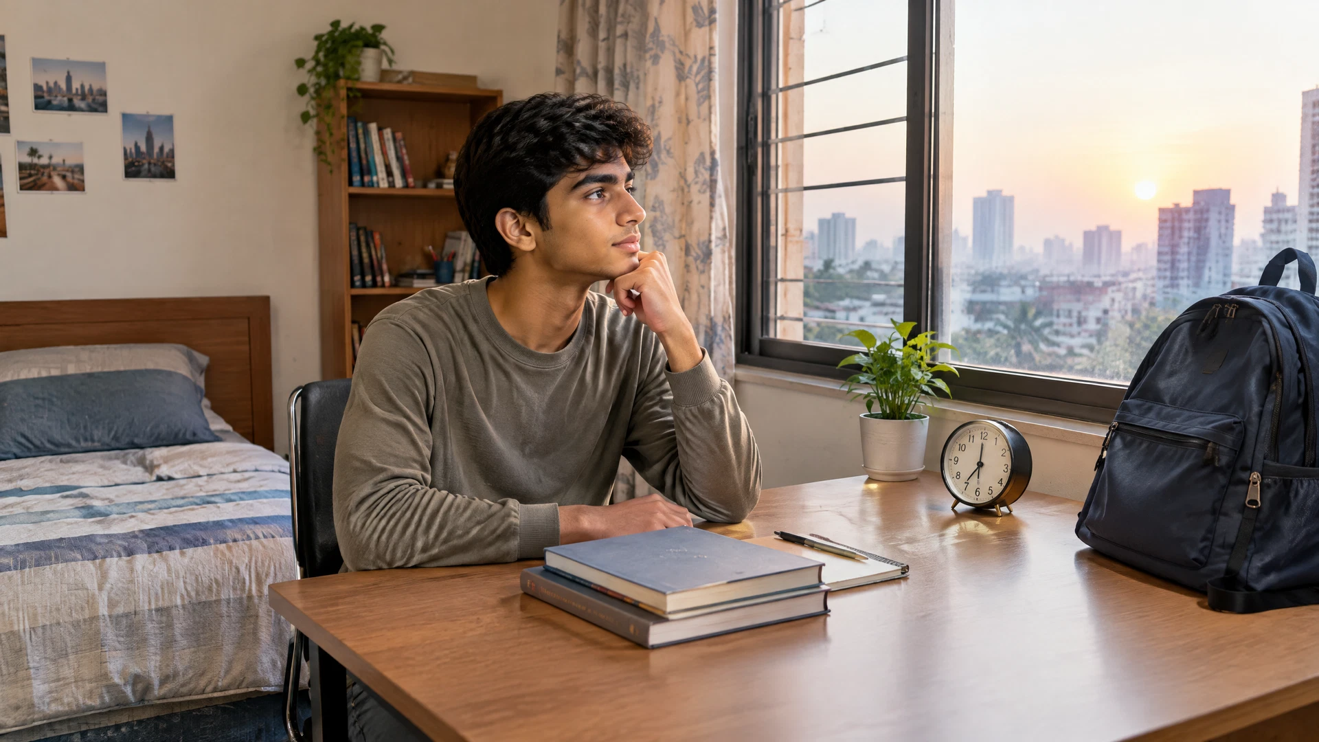 Indian secondary-school student beginning a calm morning routine beside a window with a backpack, books, and an analog clock fully visible
