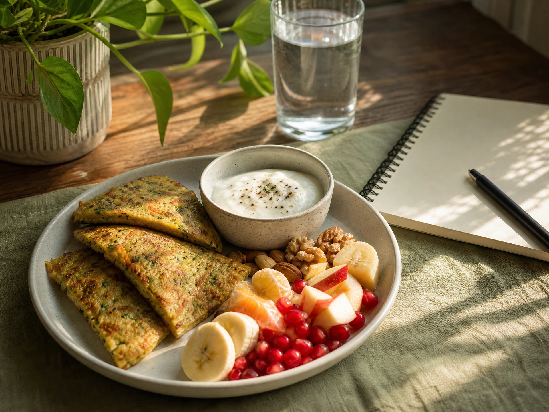 Protein-rich Indian breakfast with curd, fruit, nuts, and a savoury meal